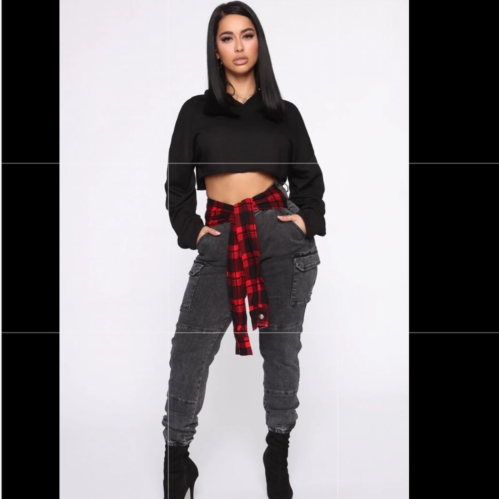 Fashion Nova Black Cargo Joggers Plaid front tie detail Size S